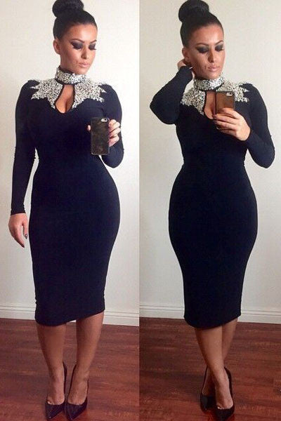 Spring Black Navy Gold Sequins Mock Neck novelty Design Midi Dress Plus size XL Long Sleeve women Winter dresses LC6908