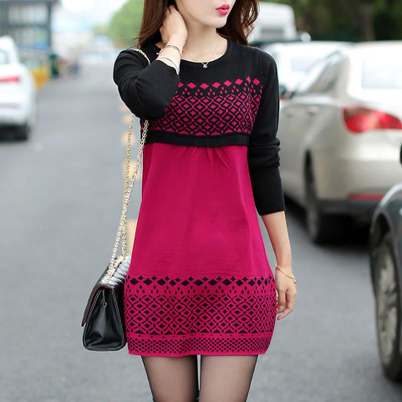 TANGNEST Women Sweater Dress Winter Warm Pullover Causal Slim Patchwork O-neck Empire Full Sleeve Knitted Dresses WQL3203