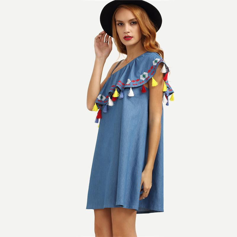 Woman One Shoulder Ruffle Tassel Embroidered Dresses Cute Women Blue Shift Mini Dress