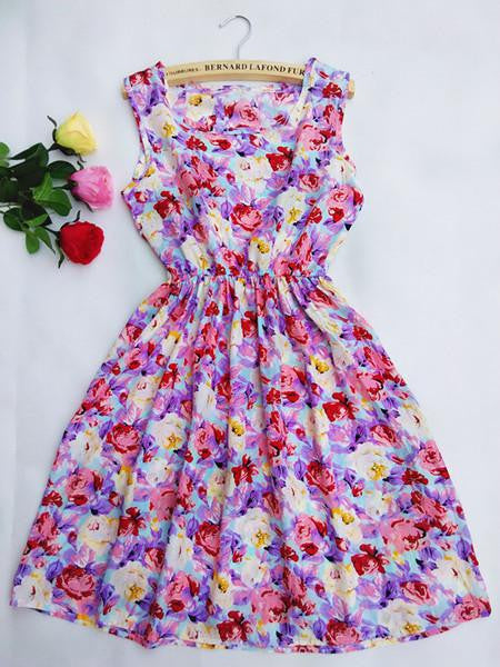 Women Casual Print Sleeveless Dress Chiffon stripe / floral print Elastic Waist Bohemian Beach Dresses