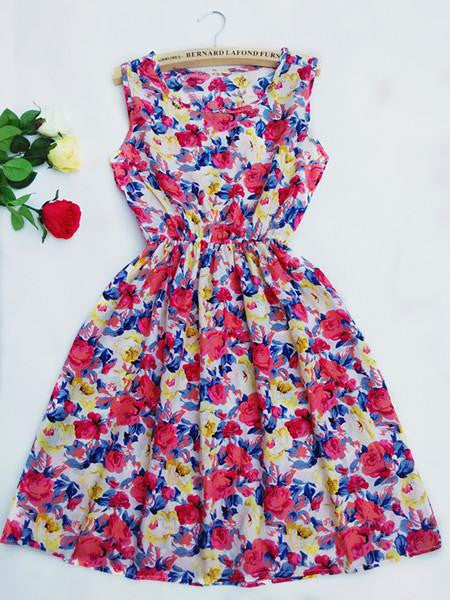 Women Casual Print Sleeveless Dress Chiffon stripe / floral print Elastic Waist Bohemian Beach Dresses