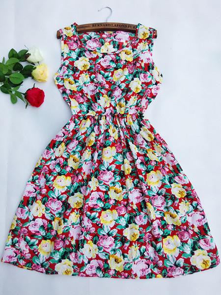Women Casual Print Sleeveless Dress Chiffon stripe / floral print Elastic Waist Bohemian Beach Dresses