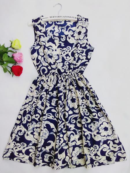 Women Casual Print Sleeveless Dress Chiffon stripe / floral print Elastic Waist Bohemian Beach Dresses