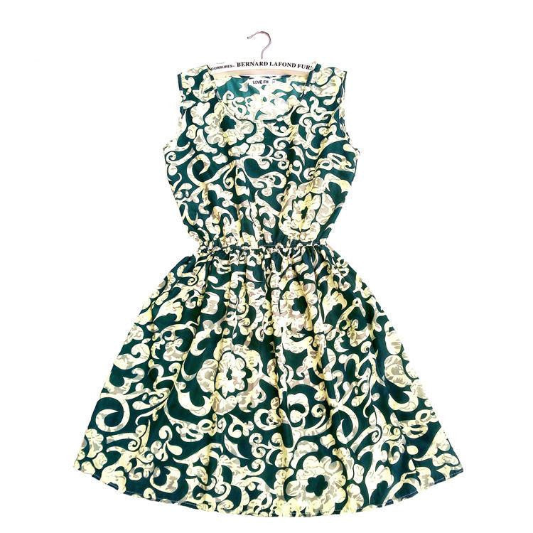 Women Casual Print Sleeveless Dress Chiffon stripe / floral print Elastic Waist Bohemian Beach Dresses