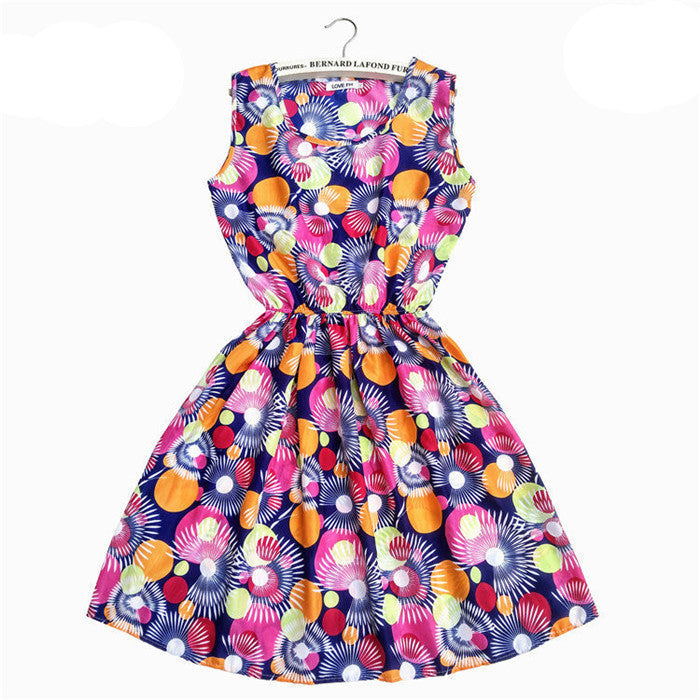 Women Casual Print Sleeveless Dress Chiffon stripe / floral print Elastic Waist Bohemian Beach Dresses