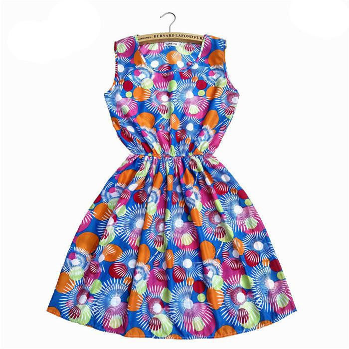 Women Casual Print Sleeveless Dress Chiffon stripe / floral print Elastic Waist Bohemian Beach Dresses
