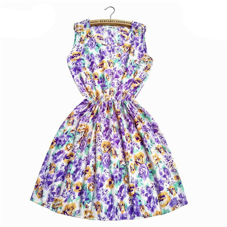 Women Casual Print Sleeveless Dress Chiffon stripe / floral print Elastic Waist Bohemian Beach Dresses