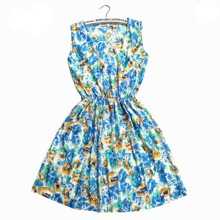 Women Casual Print Sleeveless Dress Chiffon stripe / floral print Elastic Waist Bohemian Beach Dresses