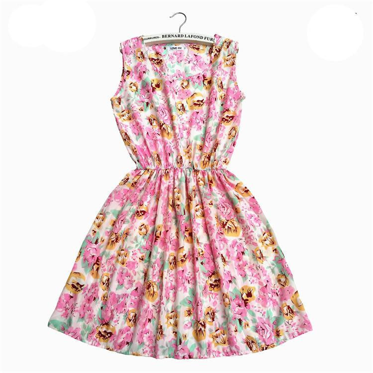 Women Casual Print Sleeveless Dress Chiffon stripe / floral print Elastic Waist Bohemian Beach Dresses