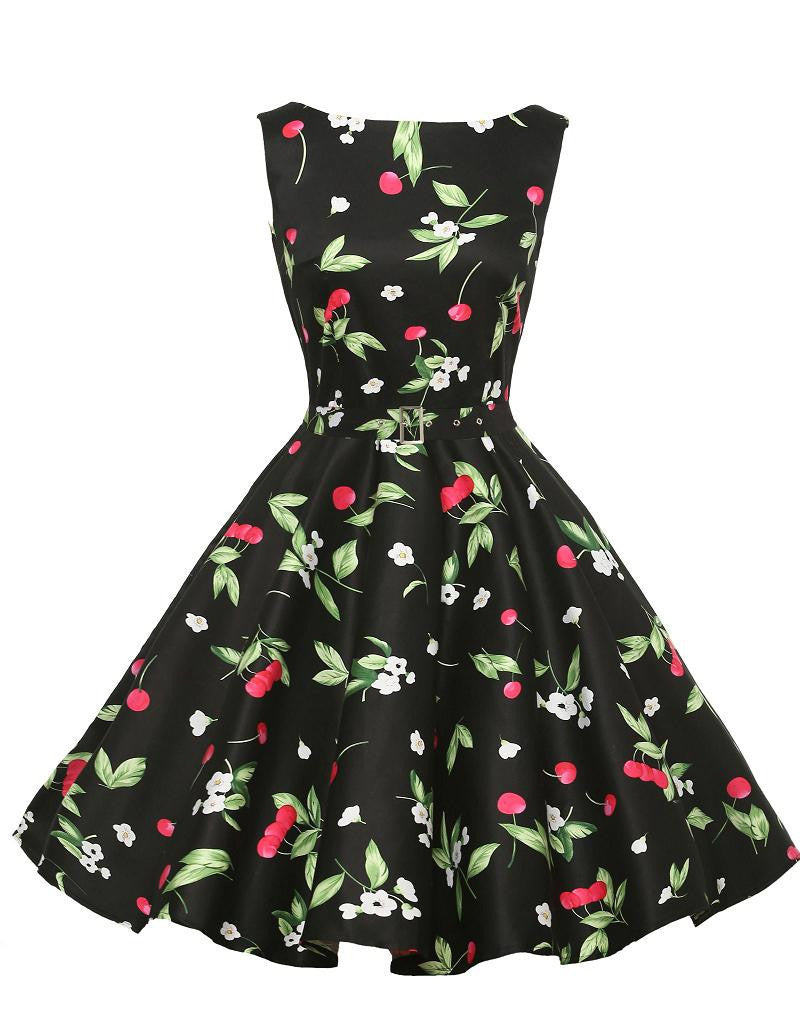 Print floral 50s 60s Vintage dresses Audrey Hepburn Sleeveless style summer retro dress Vestidos robe womens clothing