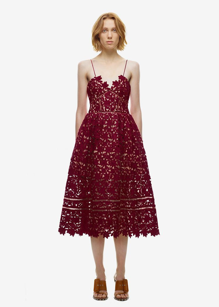 Online discount shop Australia - Handmade White/Red Sexy Deep V-neck Flower Lace Dress Runway Elegant Dresses Hollow Out Long Dress Shoulder-Straps