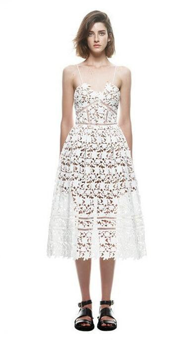 Online discount shop Australia - Handmade White/Red Sexy Deep V-neck Flower Lace Dress Runway Elegant Dresses Hollow Out Long Dress Shoulder-Straps