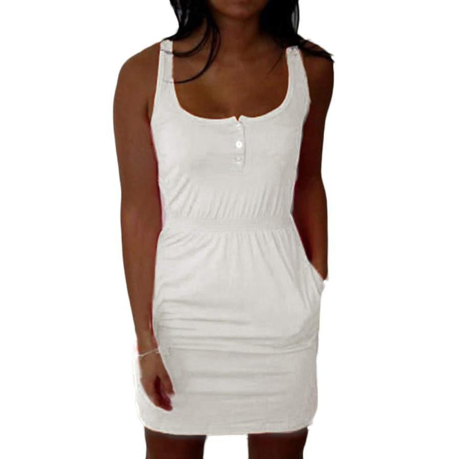 Women Dress Fluorescent Color Elastic Waist Lady Summer Casual Sleeveless Beach Mini Dress
