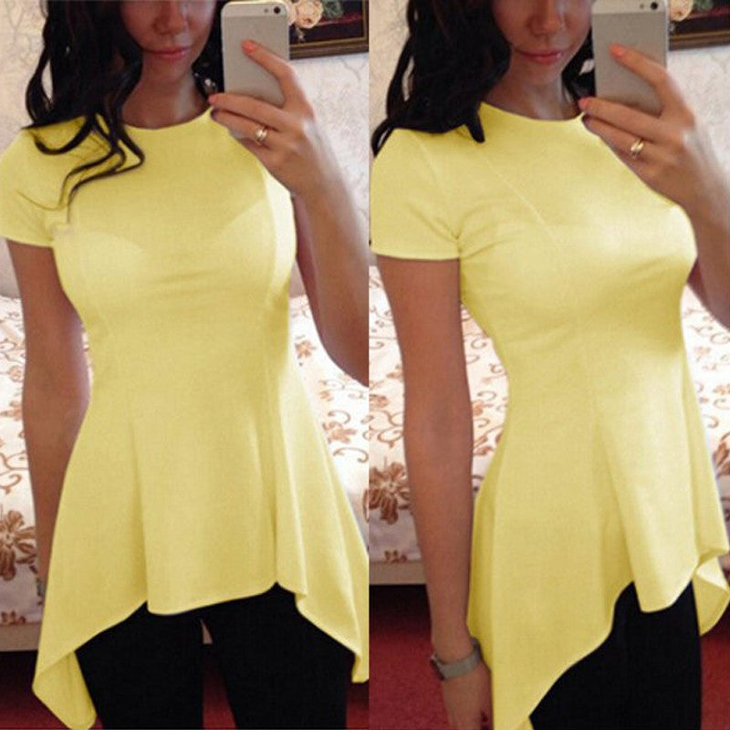 S-4XL Plus Size Women Blouse Short Sleeve O-neck Irregular Hem Peplum Waist Slim Fit Solid Shirt Ladies Tops