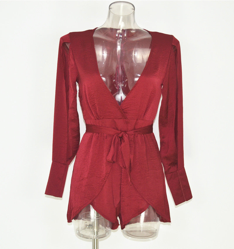 Women Sexy V Plunging Neckline Split Sleeve Playsuit Romper Jumpsuit Casual Spliced Layered Shorts Ice-Blue Wine Red-Dollar Bargains Online Shopping Australia
