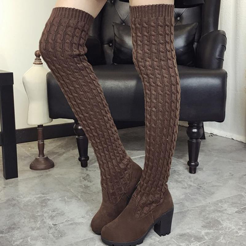 Women Boots Ladies Fashion Flat Bottom Boots Shoes Over The Knee Thigh High Knitting wool Long Brand Boots