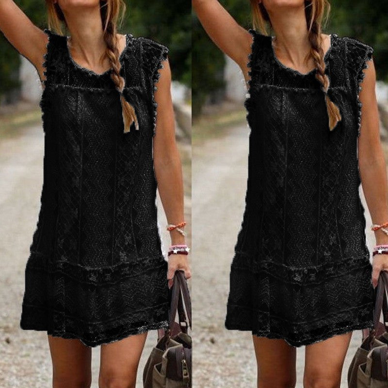 Summer Dress Women Casual Sleeveless Mini Dress Tassel Solid White Black Lace Dress Beach Plus Size Solid Vestidos