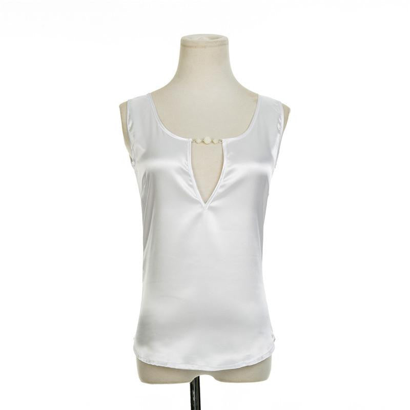 Beading V collar Women Top Tees Crochet Solid Shoulder Sleeveless Loose Blouses Female Shirts