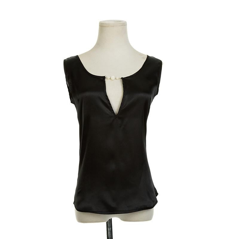 Beading V collar Women Top Tees Crochet Solid Shoulder Sleeveless Loose Blouses Female Shirts