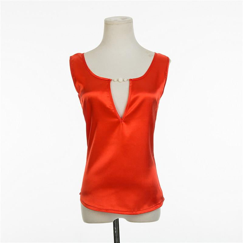 Beading V collar Women Top Tees Crochet Solid Shoulder Sleeveless Loose Blouses Female Shirts