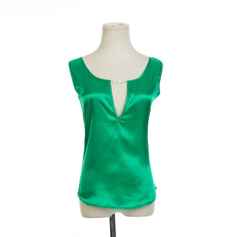 Beading V collar Women Top Tees Crochet Solid Shoulder Sleeveless Loose Blouses Female Shirts