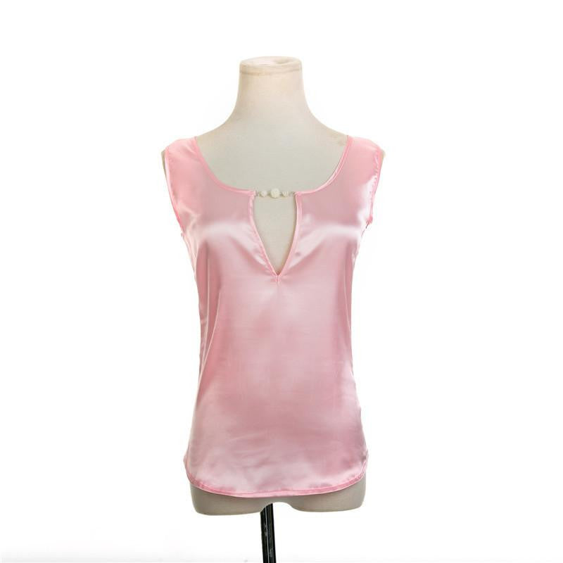 Beading V collar Women Top Tees Crochet Solid Shoulder Sleeveless Loose Blouses Female Shirts