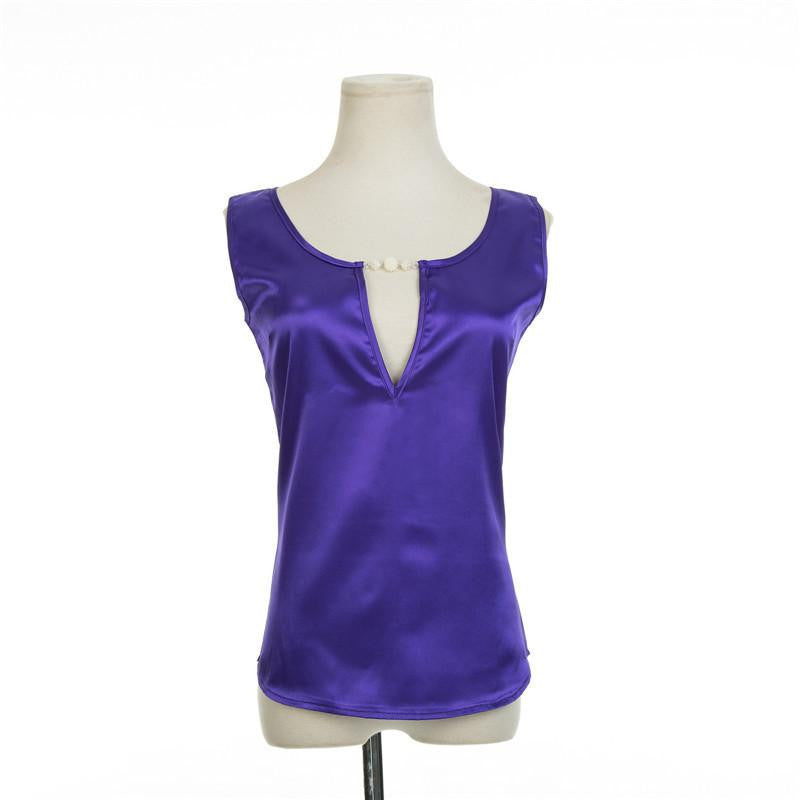Beading V collar Women Top Tees Crochet Solid Shoulder Sleeveless Loose Blouses Female Shirts