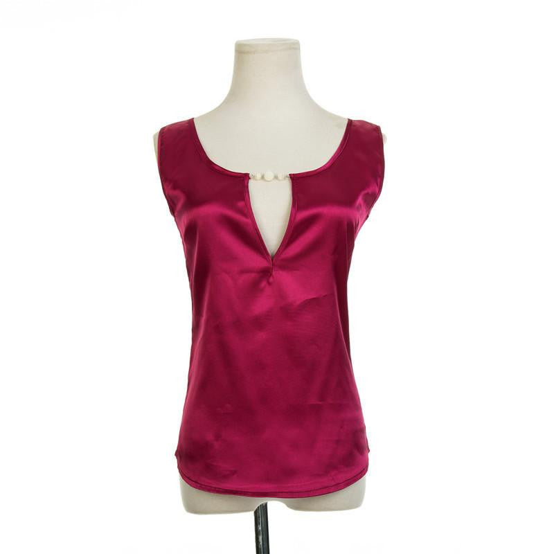 Beading V collar Women Top Tees Crochet Solid Shoulder Sleeveless Loose Blouses Female Shirts