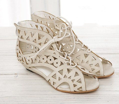 Online discount shop Australia - Big Size 31-43 Fashion Cut Outs Lace Up Women Sandals Open Toe Low Shoes Beach shoes women AA516