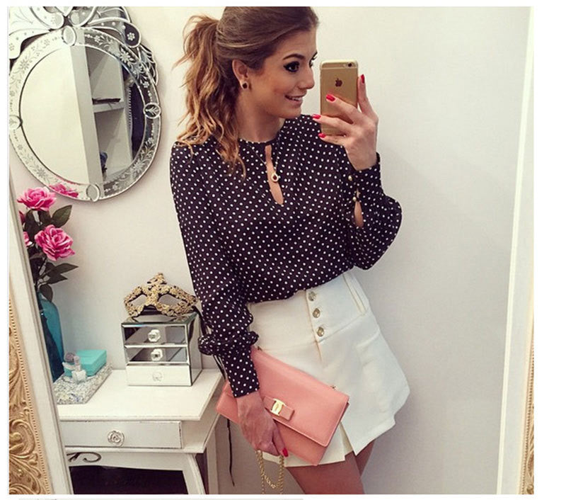 Polka Dots Silk Chiffon Blouse Shirts Plus Size Long Sleeve Studded Blouses Hollow Blusas O Collar Slim Women Tops