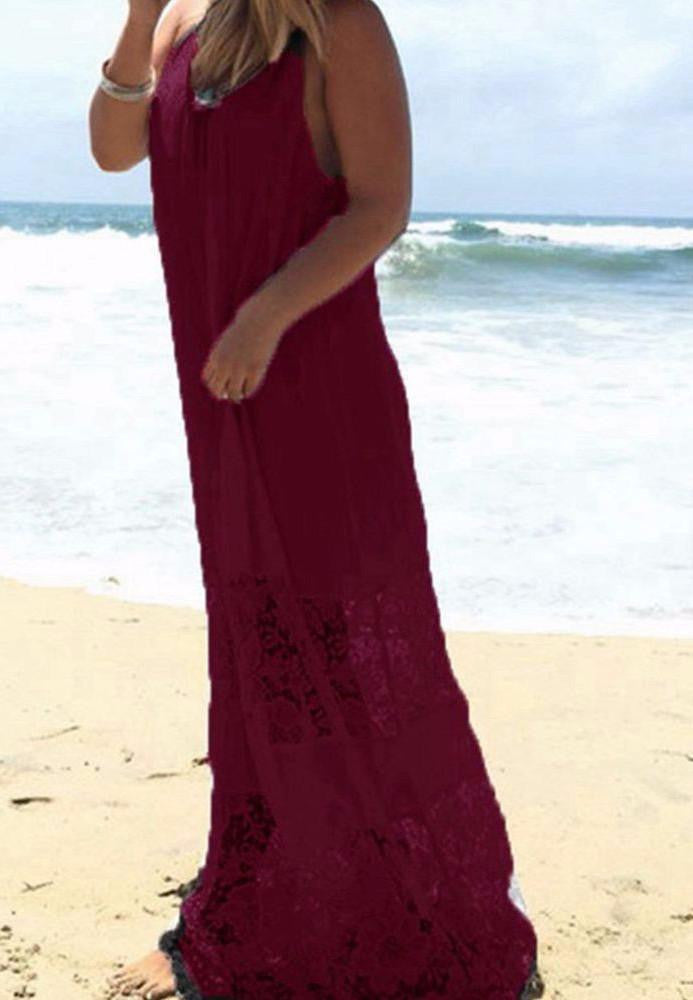 Summer Style Beach Dress Women Casual Loose Blackless Solid Patchwork Lace Straps Long Maxi White Dress Vestidos