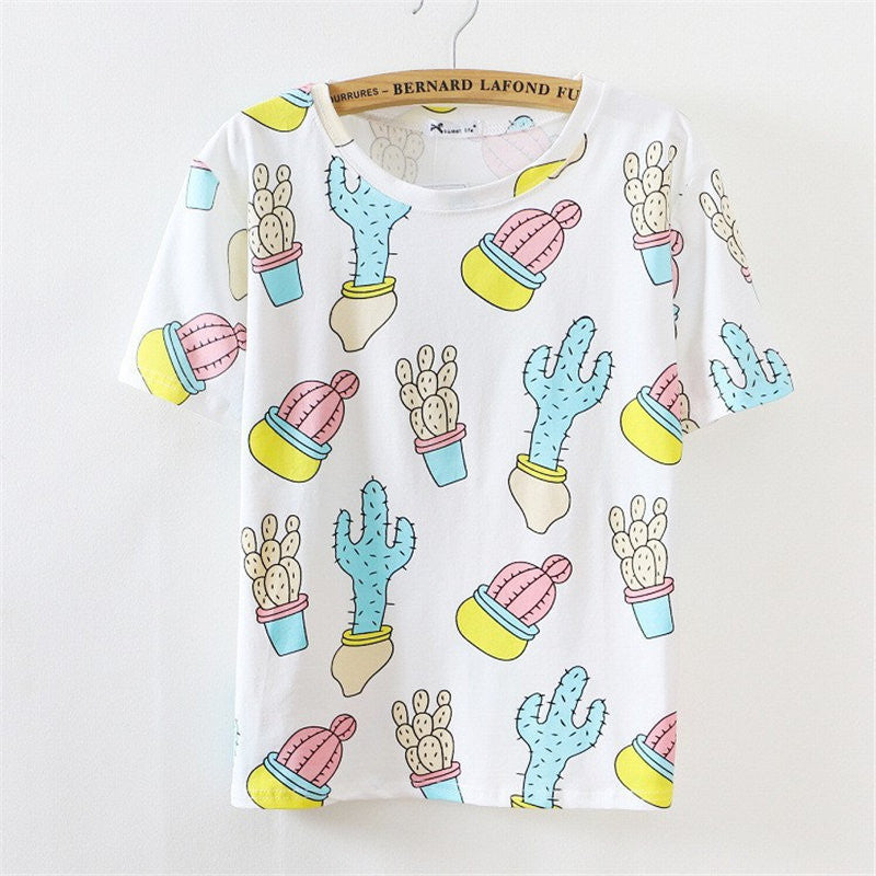 fresh tees cactus printing casual tops loose t-shirt women short-sleeve HARAJUKU woman t shirt Women's Clothing