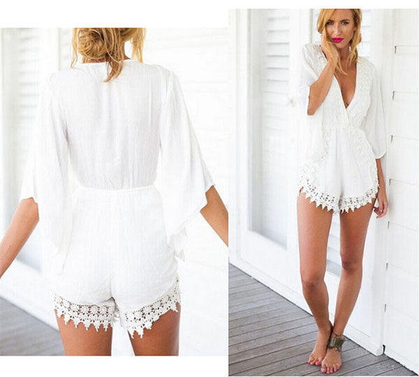 Summer Women Casual Loose Lace Floral V-neck Jumpsuits Rompers Short Pants Elegant Jumpsuit-Dollar Bargains Online Shopping Australia