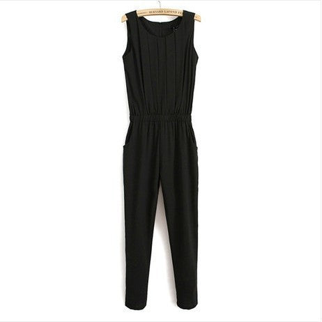 OL Plus Size Women Clothing Slim Pleated Sleeveless Chiffon Fashion Casual Jumpsuit