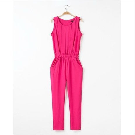 OL Plus Size Women Clothing Slim Pleated Sleeveless Chiffon Fashion Casual Jumpsuit