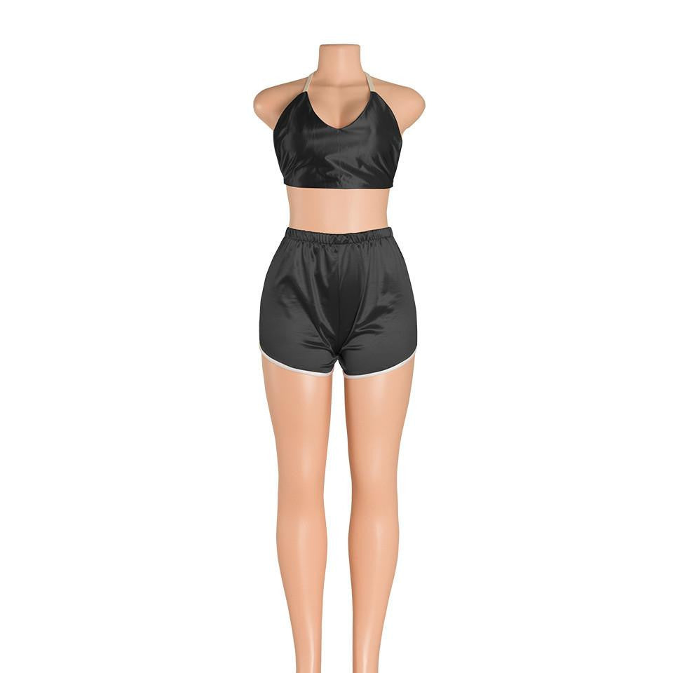 2 Pieces Satin Women style Jumpsuit Romper V-neck crop top Bodysuit short Pants Backless Jumpsuits blue