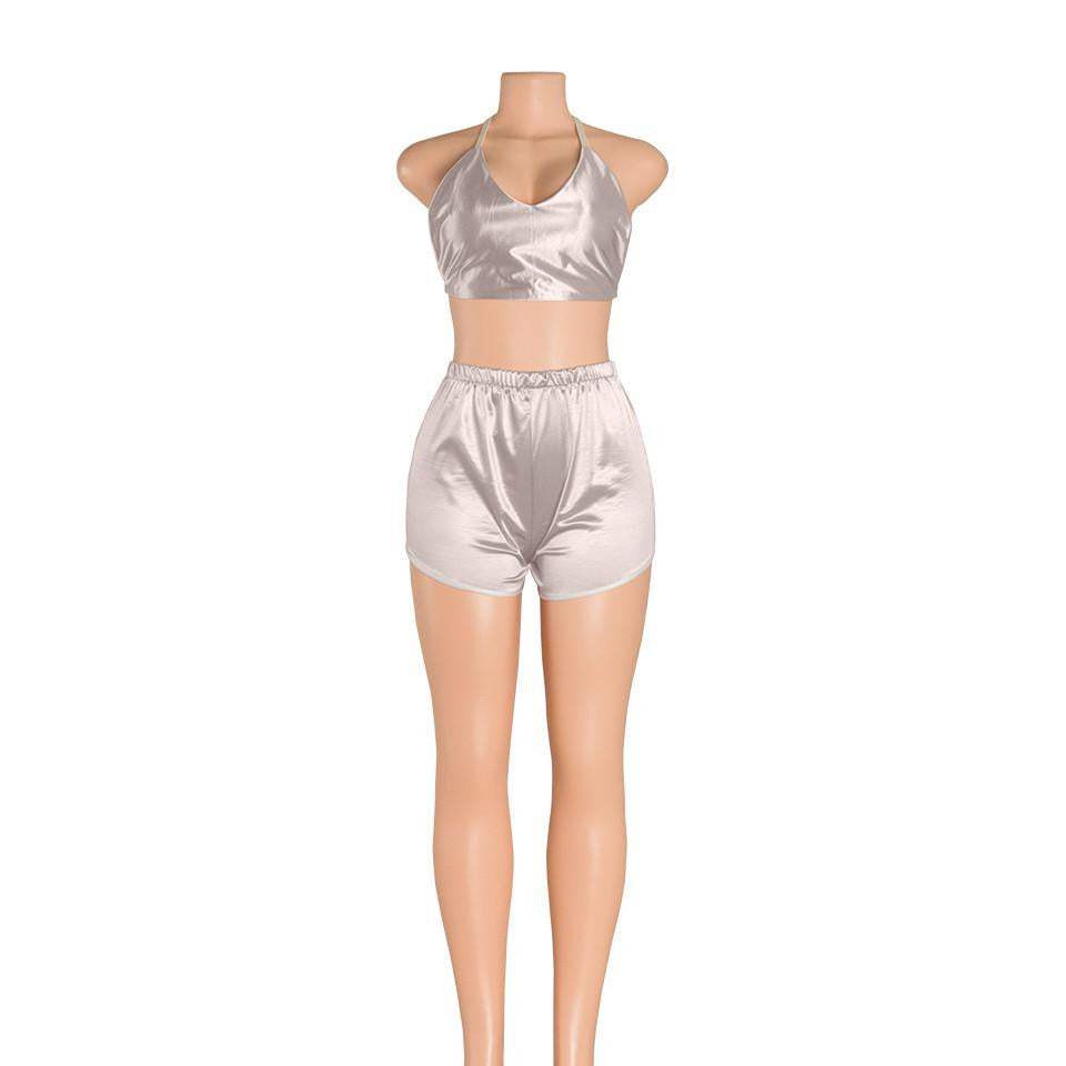 2 Pieces Satin Women style Jumpsuit Romper V-neck crop top Bodysuit short Pants Backless Jumpsuits blue