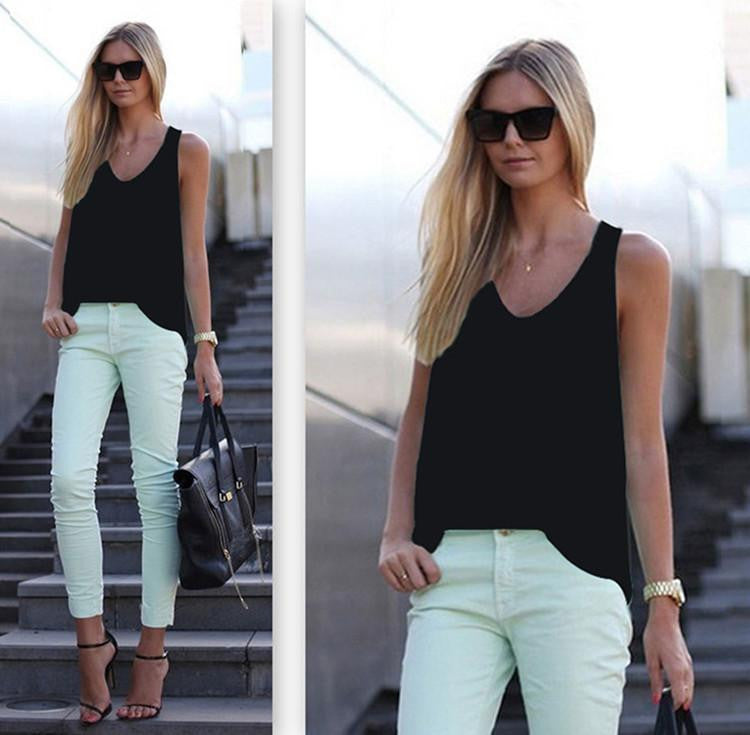 White Chiffon Blouse Shirt Tops Plus Size Women Sleeveless Black White Casual Tank Tops