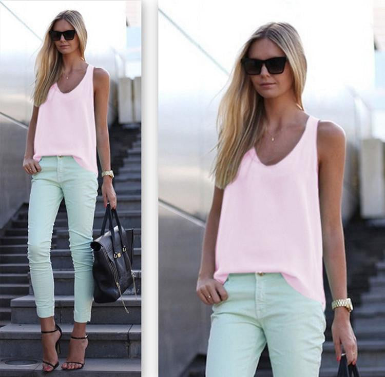 White Chiffon Blouse Shirt Tops Plus Size Women Sleeveless Black White Casual Tank Tops