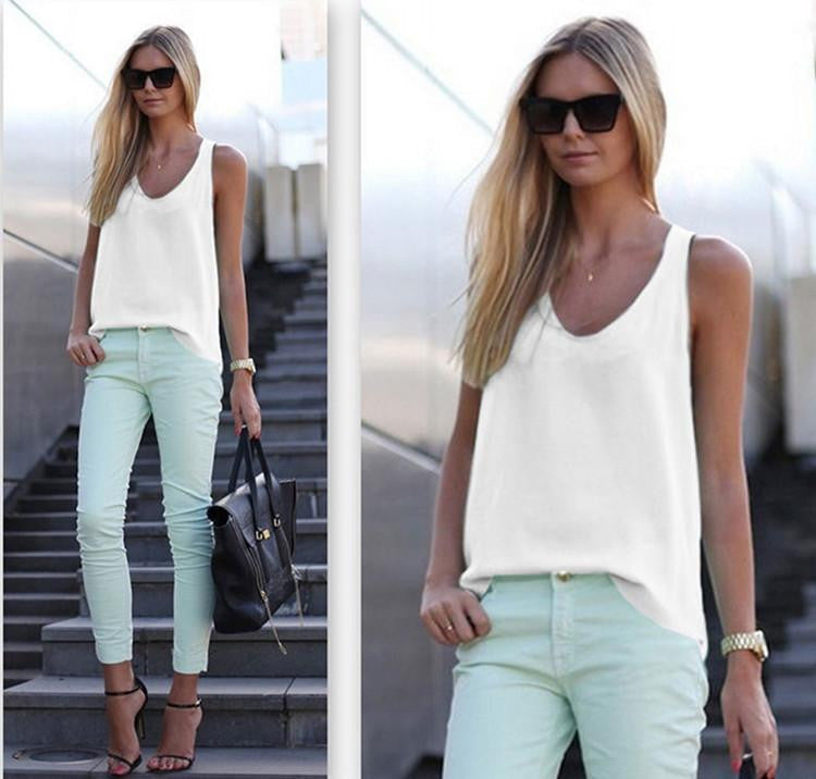 White Chiffon Blouse Shirt Tops Plus Size Women Sleeveless Black White Casual Tank Tops