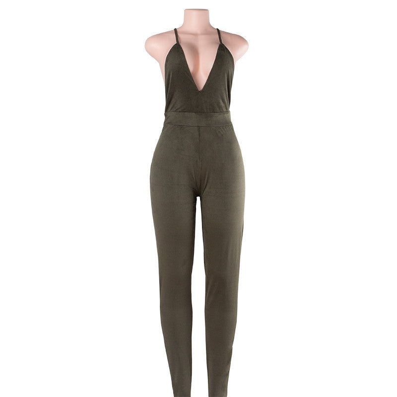 jumpsuit deep V neck Women sexy cross back strappy bodysuit overall bandage backless Jumpsuit green
