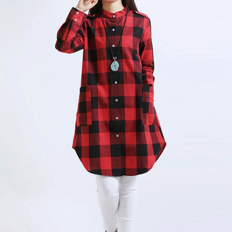 Online discount shop Australia - Fashion Women Plaid Shirts Blouses Long Casual Loose Vintage Dress Tops Plus Size M-XXL