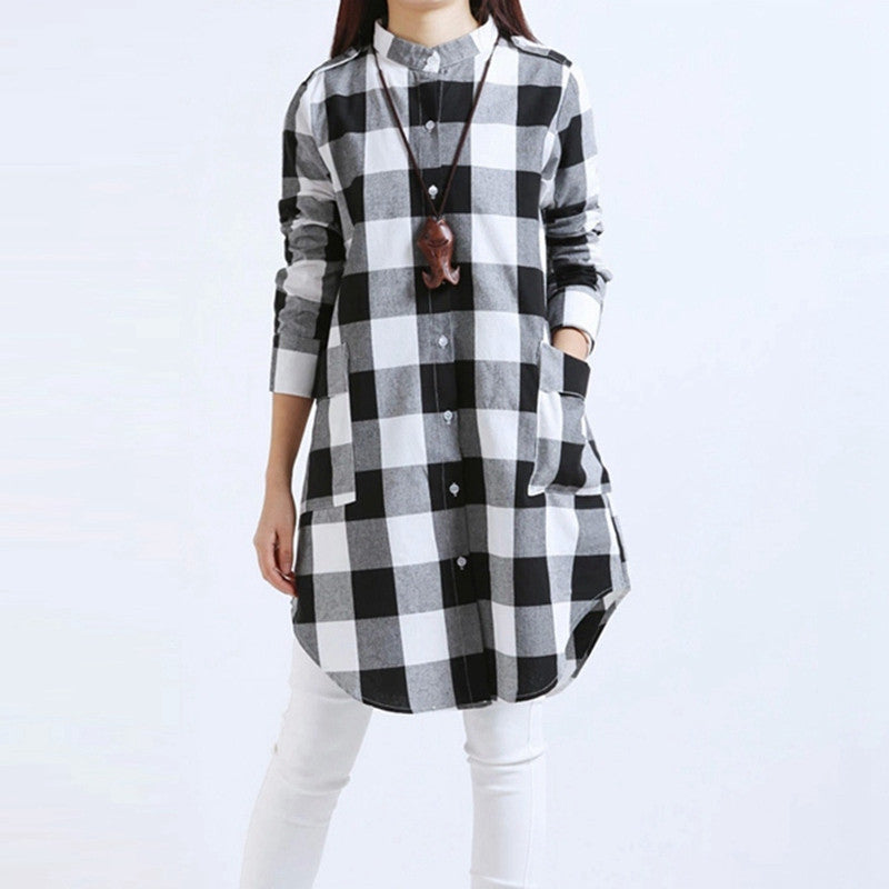 Online discount shop Australia - Fashion Women Plaid Shirts Blouses Long Casual Loose Vintage Dress Tops Plus Size M-XXL