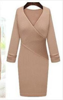 V-neck winter package hip cultivate one's morality knitted dress