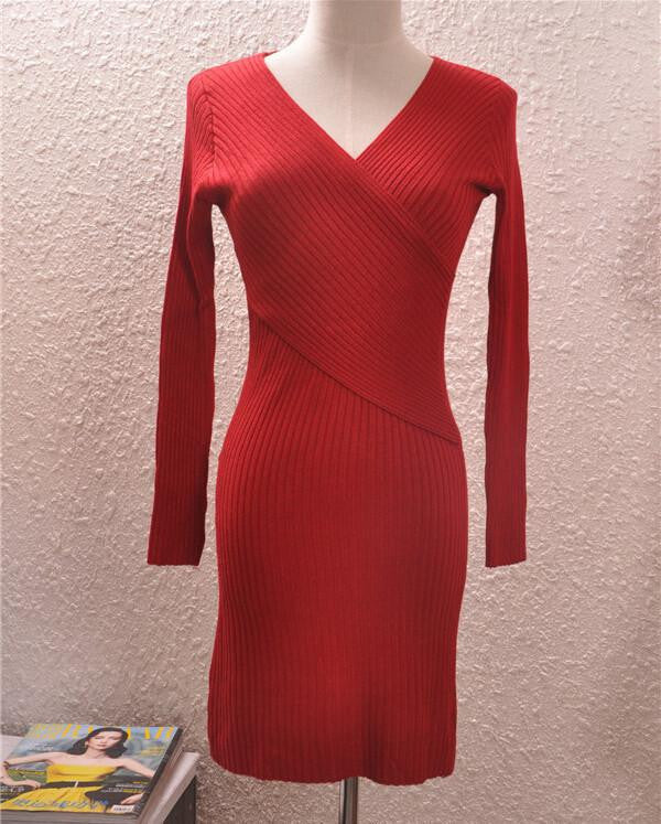 V-neck winter package hip cultivate one's morality knitted dress