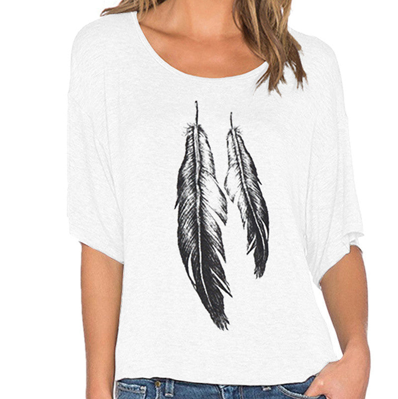 Online discount shop Australia - European street Style gray plumage print Lady Tops off shoulder loose Fashion wild female short-sleeved Women S2079