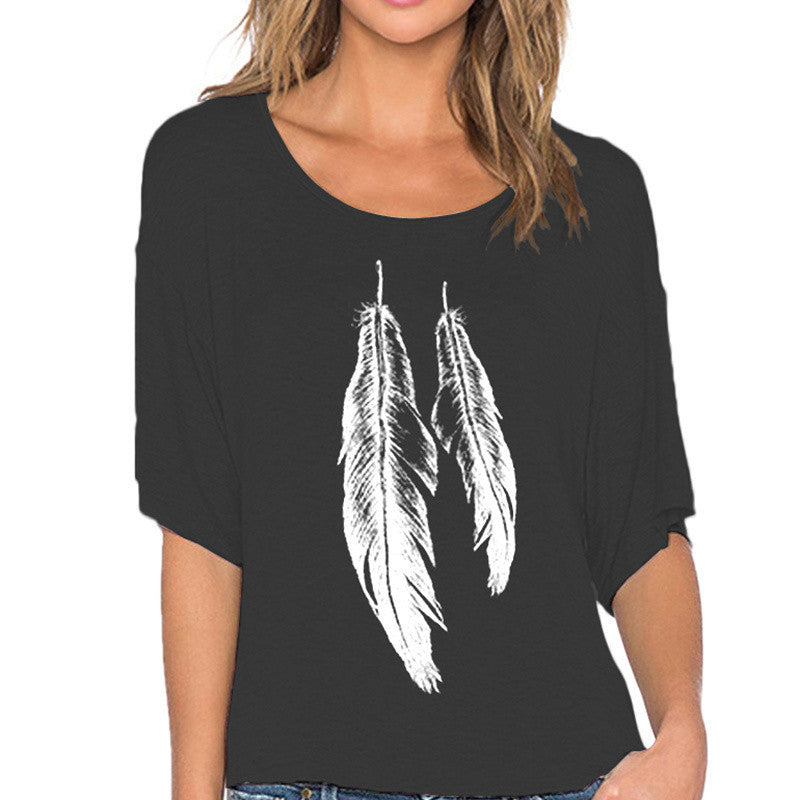 Online discount shop Australia - European street Style gray plumage print Lady Tops off shoulder loose Fashion wild female short-sleeved Women S2079