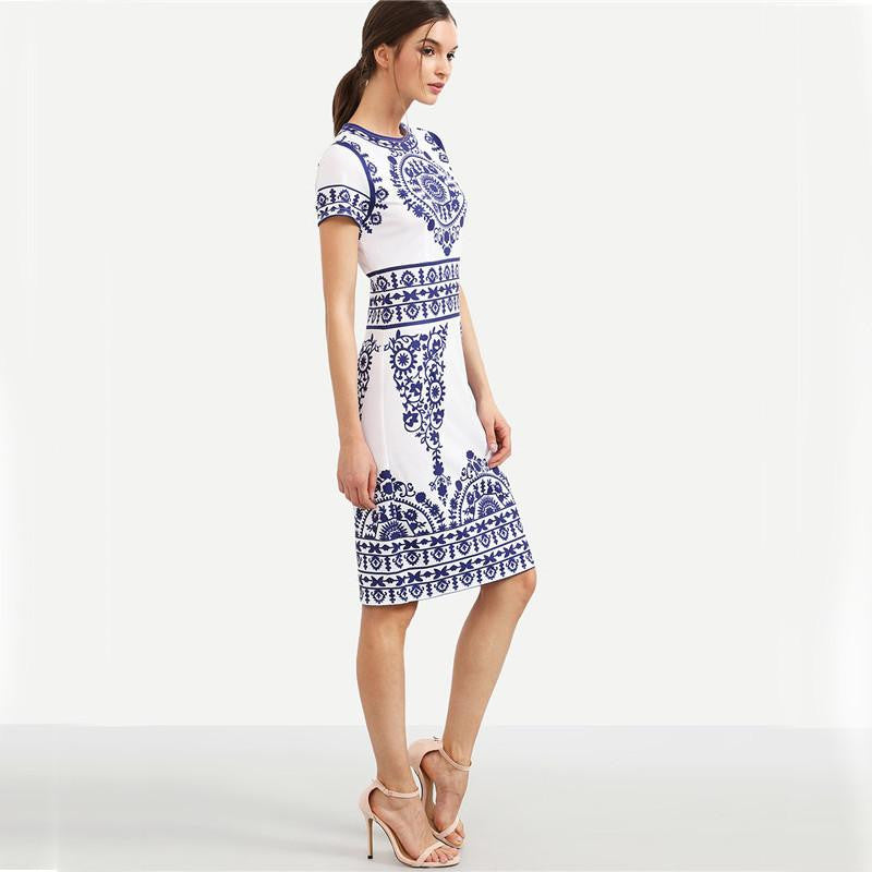 Sheinside Blue Print Winter Dresses Women Sheath White Elegant Vintage Dress Bodycon Ladies Pencil Knee Length Dress