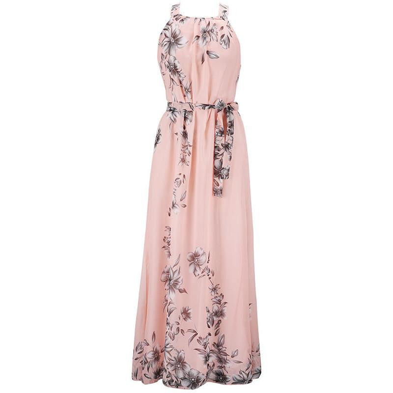 Summer Style Women Long Dress O Neck Floral Print Chiffon Maxi Dress Elegant Casual Boho Party Dresses Vestidos With Belt
