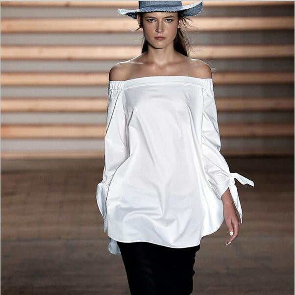 Women Blouses Elegant Bow Off Shoulder Female White Blouse Shirts Women Tops Striped Cardigan